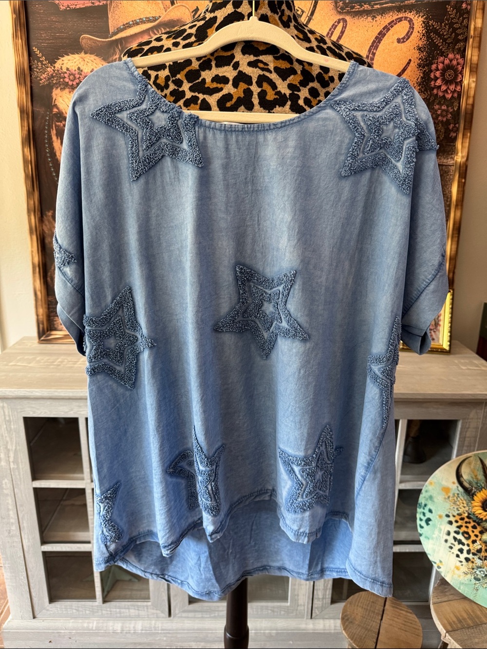 New Collection Washed Blue Star Embroidered Women's Top Sz XL